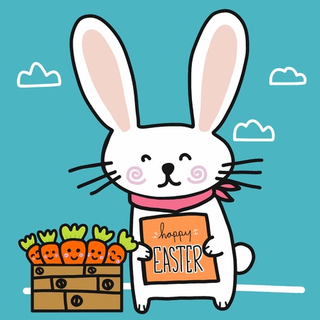 Happy Easter rabbit and carrot basket cartoon vector illustrationのイラスト素材