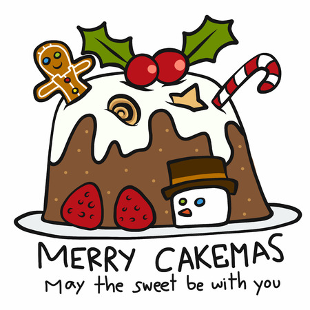 Merry Cakemas May the sweet be with you cute cartoon doodle style vector illustrationのイラスト素材