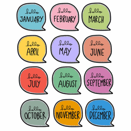12 month cute handwriting in colorful word bubble cartoon vector illustrationのイラスト素材