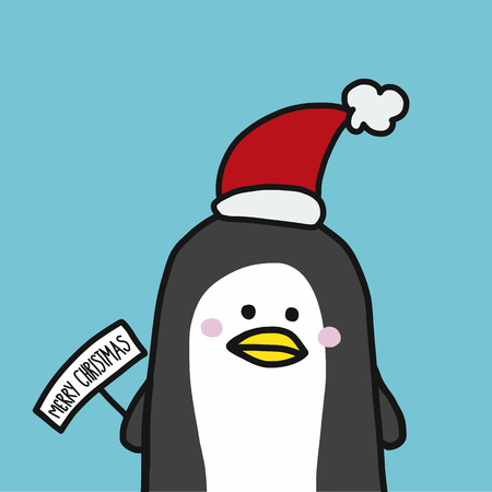 Cute penguin with Christmas hat cartoon vector illustrationのイラスト素材