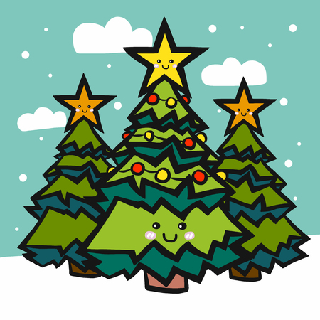 Christmas tree and snow friends cartoon vector illustrationのイラスト素材
