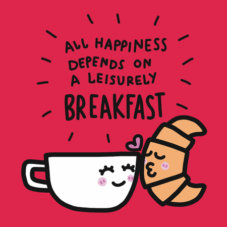 Coffee cup and croissant kissing cartoon and all happiness depends on a leisurely breakfast word vector illustrationのイラスト素材