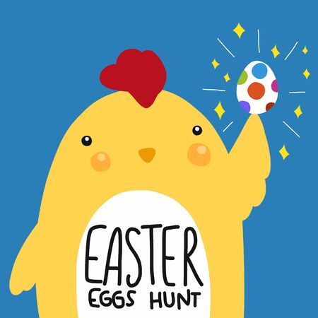 Easter egg hunt chicken holding colorful sparkle egg cartoon vector illustration doodle styleのイラスト素材