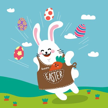 Happy Easter white rabbit with colorful eggs and carrot friend cartoon vector illustrationのイラスト素材