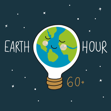 Earth Hour 60+ cute world in lightbulb sleeping cartoon doodle vector illustrationのイラスト素材