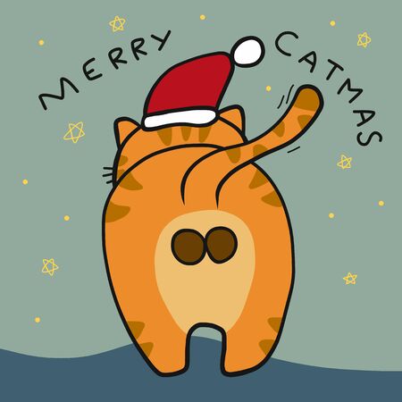 Merry Catmas cat ass wear Santa Claus hat cartoon vector illustrationのイラスト素材