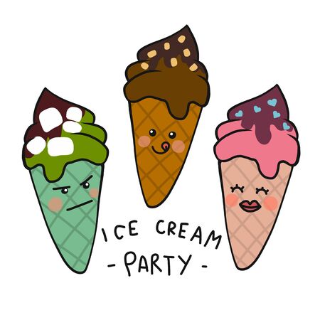 Ice cream cone party cute cartoon vector illustration doodle styleのイラスト素材