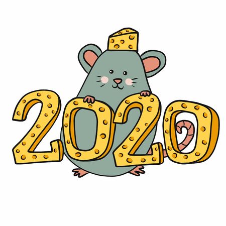 2020 Year of the rat with cheese cartoon vector illustrationのイラスト素材