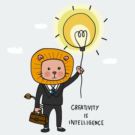 Lion wear business costume holding lightbulb balloon with creativity is intelligence word, Business concept cartoon vector illustration doodle styleのイラスト素材