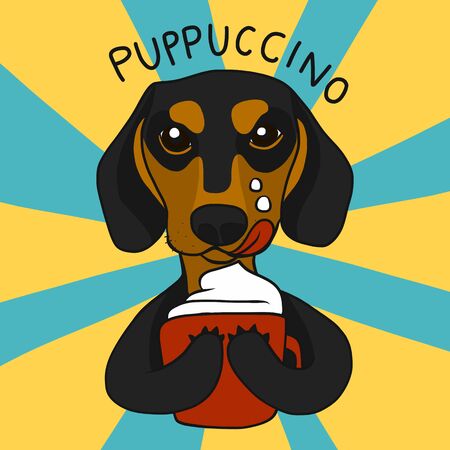 Puppuccino coffee cup in dachshund hand with whipping cream on cheek cartoon vector illustration doodle styleのイラスト素材