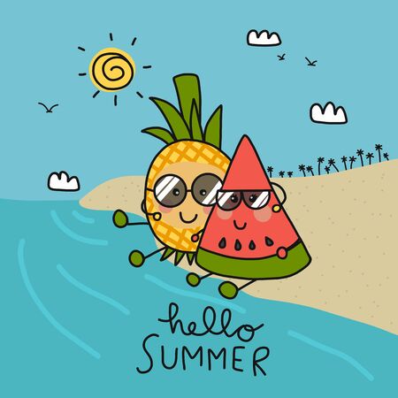 Watermelon and pineapple fruit couple hugging on beach cartoon vector illustration doodle styleのイラスト素材
