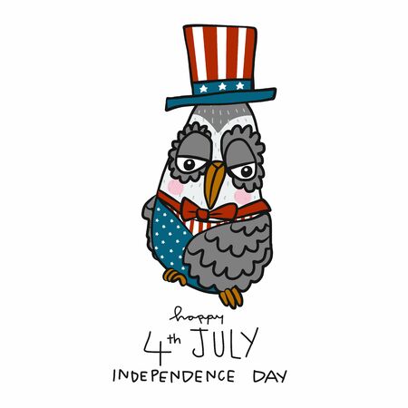 Cute Owl 4th July Independence Day cartoon vector illustrationのイラスト素材