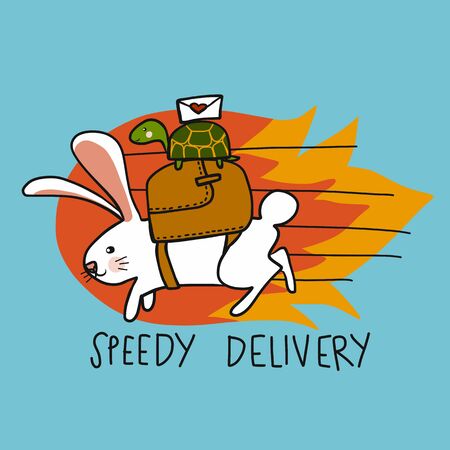 Speedy Delivery rabbit and turtle postman fast running cartoon vector illustrationのイラスト素材