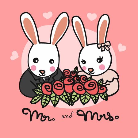 Mr. and Mrs. white rabbit wedding cartoon vector illustrationのイラスト素材