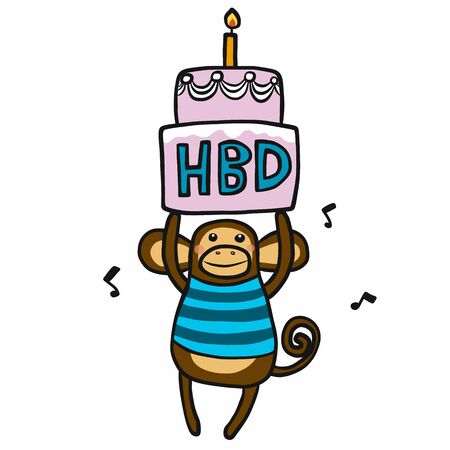 Monkey boy with big birthday cake cartoon vector illustration doodle styleのイラスト素材