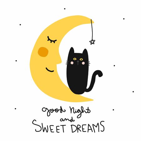 Good night and sweet dreams black cat and half moon smile cartoon vector illustration doodle styleのイラスト素材