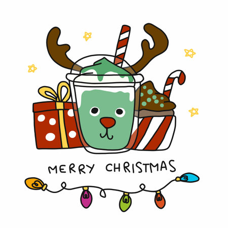 Merry Christmas smoothie reindeer cup cartoon doodle style vector illustrationのイラスト素材