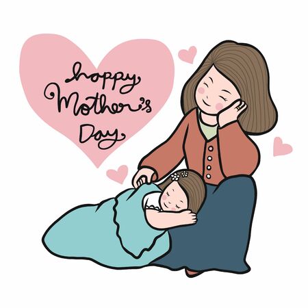 Daughter sleeping with mom, Happy Mother's Day cartoon vector illustrationのイラスト素材