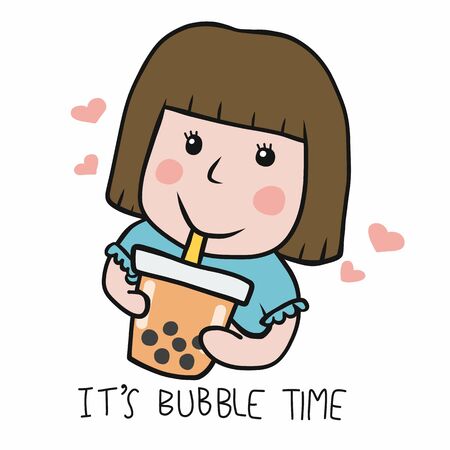 Woman drink big bubble tea cup cartoon vector illustrationのイラスト素材