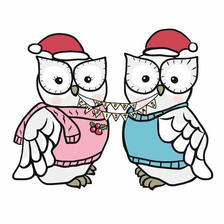 Owl couple Merry Christmas cartoon vector illustrationのイラスト素材