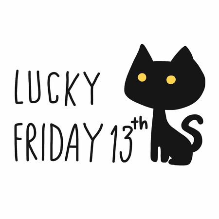 Lucky Friday 13th black cat cartoon vector illustration doodle styleのイラスト素材