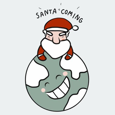 Santa is coming hugging smile earth cartoon vector illustration cute doodle styleのイラスト素材