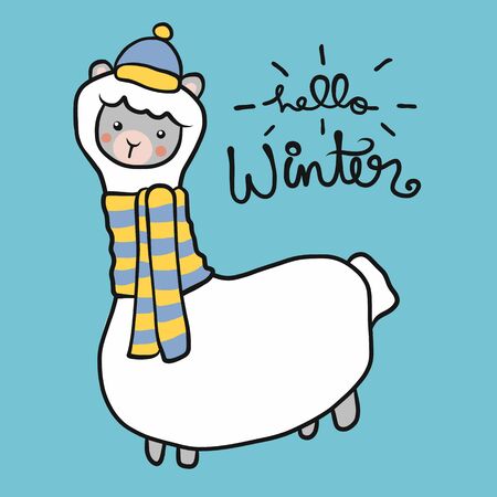 Llama male, hello winter cartoon vector illustrationのイラスト素材