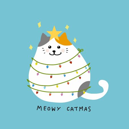 Fat cat act to be Christmas tree with colorful lightbulb, Meowy Catmas cartoon vector illustrationのイラスト素材