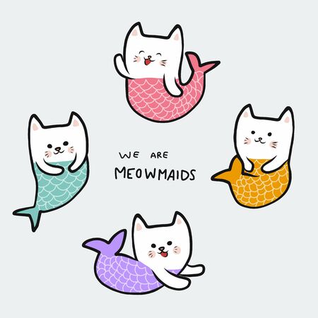 We are Meowmaids cartoon doodle set vector illustrationのイラスト素材