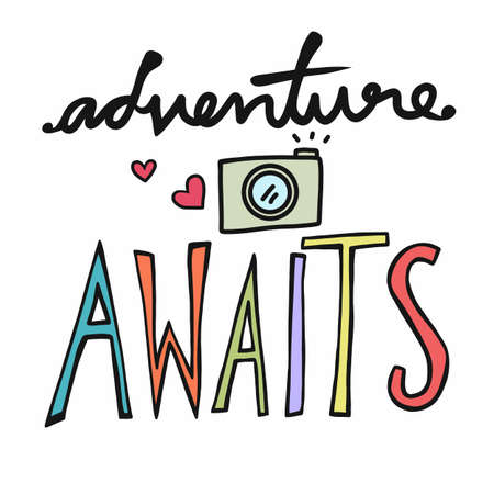 Adventure awaits word and camera vector illustrationのイラスト素材