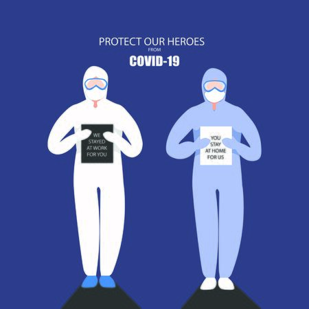 Protect our heroes, doter wear protection cloth from Covid-19 carry paper we stayed at work for you, You stay at home for us vector illustrationのイラスト素材