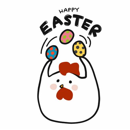 Happy Easter chicken play with colorful Easter eggs cartoon vector illustrationのイラスト素材