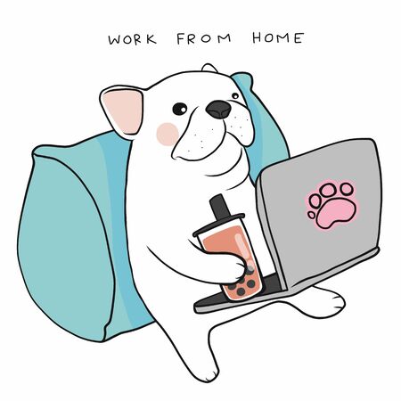 Work from home French bulldog use laptop and drink ice bubble milk tea cartoon vector illustrationのイラスト素材