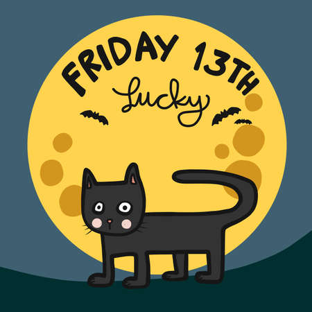 Black cat and Full moon, Lucky Friday 13th cartoon vector illustrationのイラスト素材