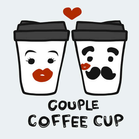 Couple coffee cup cartoon vector illustrationのイラスト素材