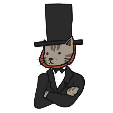 Tabby cat wear long hat and suit cartoon vector illustrationのイラスト素材