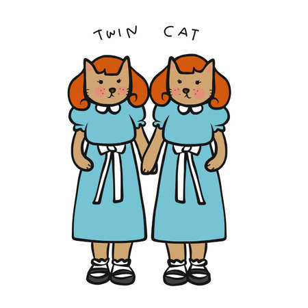 Twin cats wear blue dress cartoon vector illustrationのイラスト素材