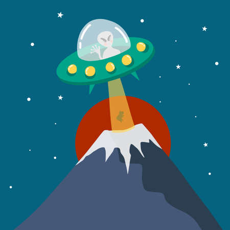 Alien UFO talking cow from mountain cartoon vector illustration doodle styleのイラスト素材