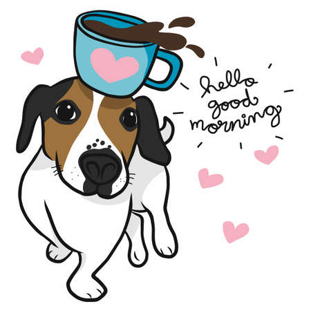 Jack Russell dog with morning coffee cup cartoon vector illustrationのイラスト素材