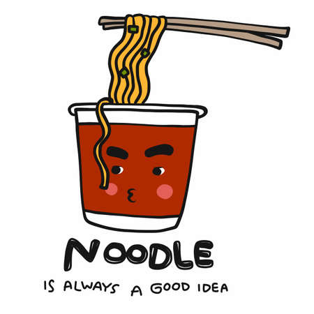 Noodle is always a good idea word and cute cup noodle cartoon vector illustration doodle styleのイラスト素材