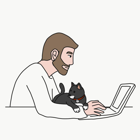 Man work from home using laptop with cat vector illustrationのイラスト素材