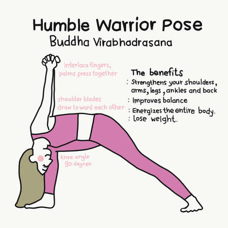 Humble Warrior yoga pose and benefits cartoon vector illustrationのイラスト素材