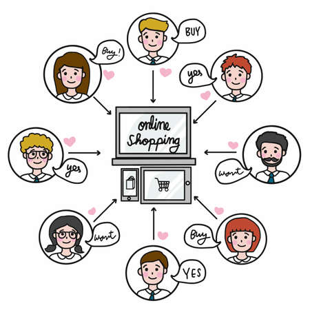 Online shopping cute group cartoon face people vector illustration business conceptのイラスト素材