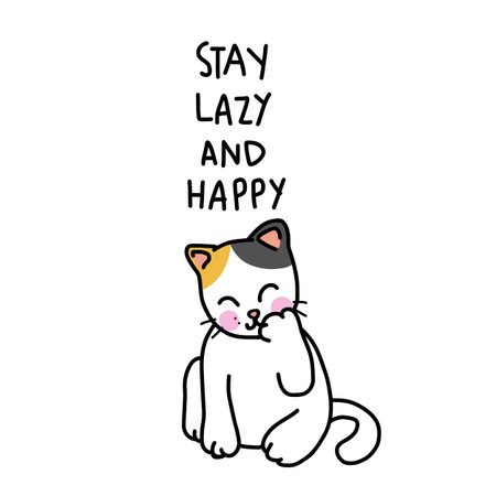 Stay lazy and happy cat cartoon vector illustrationのイラスト素材