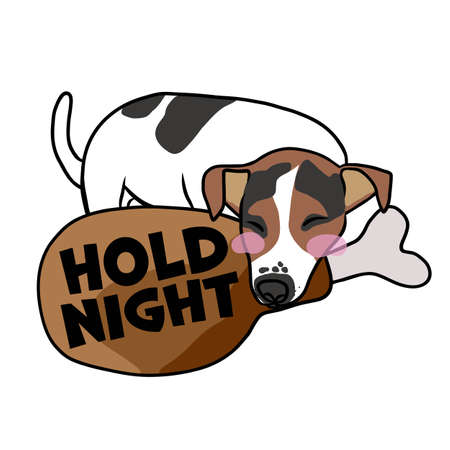 Jack Russell Terrier dog sleeping on big chicken leg hold night cartoon vector illustrationのイラスト素材