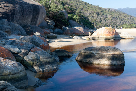 Beach and coastline of Wilsons Promontory National Park in Victoria, Australia, about 250km southeast of Melbourne, with blue sky and ocean as background and copy space.のeditorial素材
