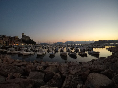 Sunset in the port - Lerici, Liguria, Italyの写真素材