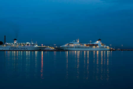 Ferries at night in the bay - Split, Croatiaのeditorial素材