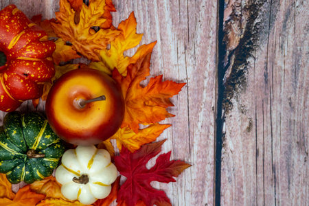 Fall background with apples, pumpkins and gourds. Wooden backdrop
