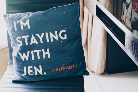 Male, Maldives - November 24, 2019: Pillow typically found in the Jen Hotel brand - Im Staying With Jen encourages guests to take selfies for social mediaのeditorial素材